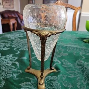 Elegant Crackle Glass Vase with Brass Stand With Rams Heads
